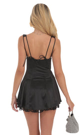 Double Bows Satin Lace Ruffle Dress in Black